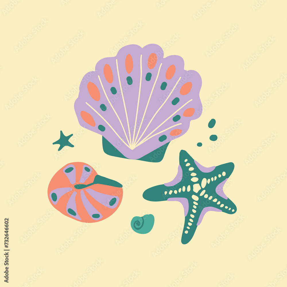 Vector illustration with sea creatures. Shell, starfish and pearl. Hand drawn cartoon style on a bright colored background. A set of isolated elements for decorating cards, souvenirs. Vector illustration with sea creatures. Shell, starfish and pearl. Hand drawn cartoon style on a bright colored background. A set of isolated elements for decorating cards, souvenirs.