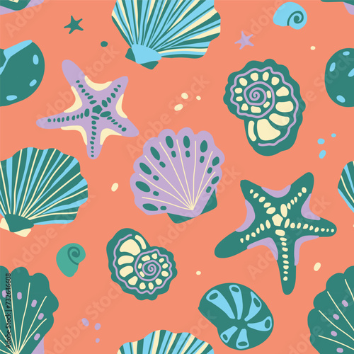Vector seamless pattern with seashells and starfish  hand drawn vector isolated elements. A set of ornaments for the design of textiles  clothing  and interior. Cartoon hand drawn style.