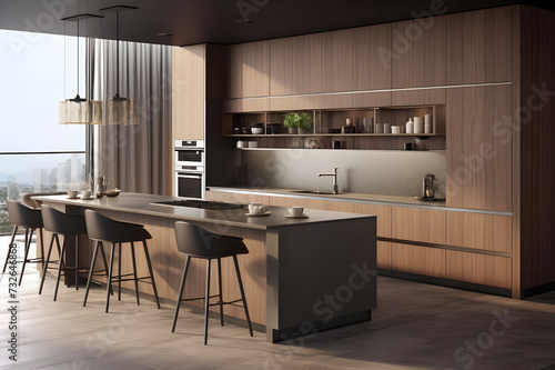 Interior of modern kitchen with wooden walls  concrete floor  gray countertops and wooden cupboards - Ai Generated