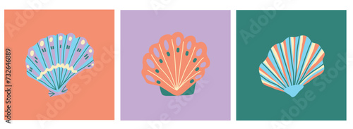 Set of vector cartoon seashells on colorful backgrounds. Set of isolated elements for the design of cards  souvenirs  advertising. Hand drawn colorful style.