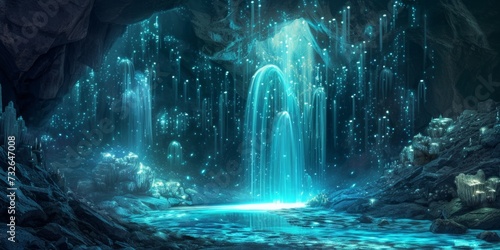 Bioluminescent waterfall in crystal cave Generative AI