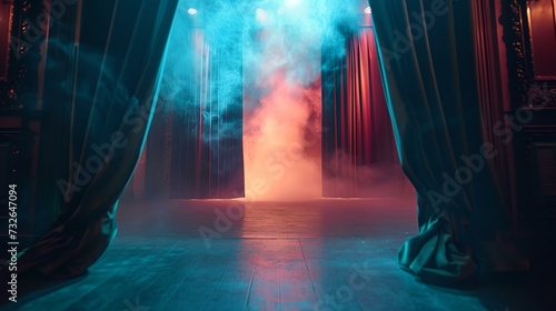 Dramatic stage with velvet curtains and hazy light beams. empty theater scene. mysterious and artistic performance setting. AI