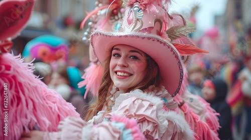 Joyful woman in vibrant pink carnival costume. festive street parade participant smiling. colourful celebration, lively event atmosphere. capturing happiness and excitement. AI photo