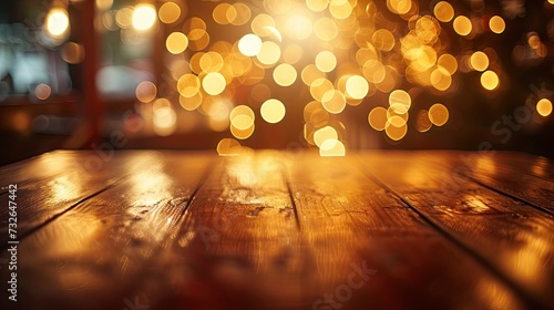 Festive night out: Bokeh lights and reflections on a pub table for a Christmas celebration. Brown tone background with product display