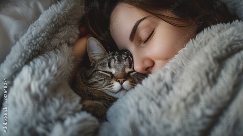 a beautiful girl sleeping with her cat a beautiful girl sleeping with her cat
