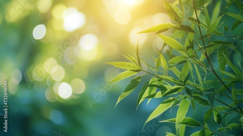 Green bamboo with leaves forest background with blurred background