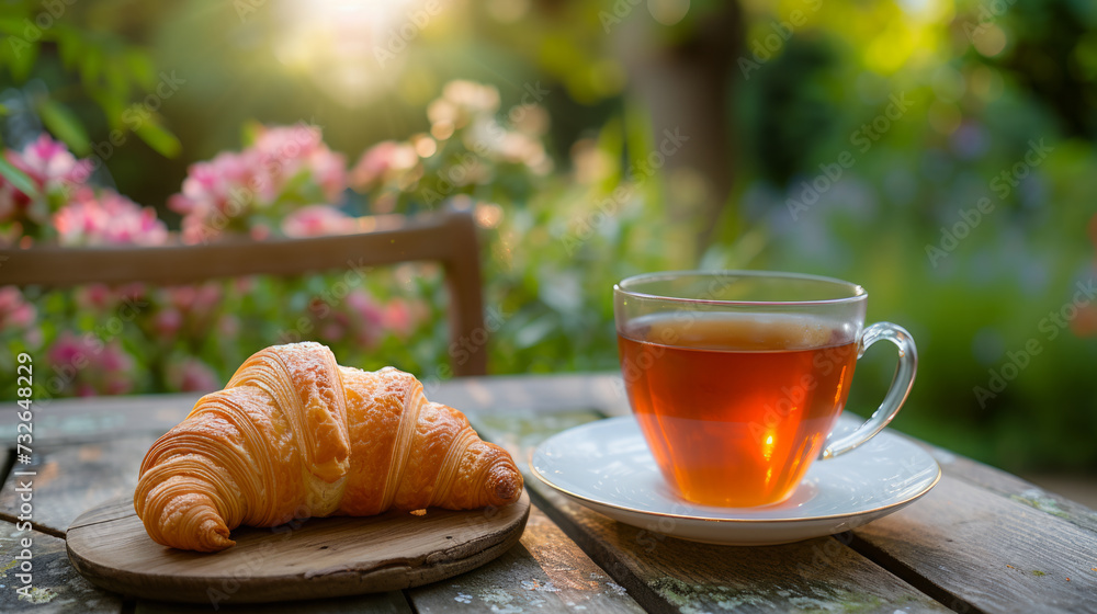 a breakfast with croissants and tea arranged on a terrace a breakfast with croissants and tea arranged on a terrace