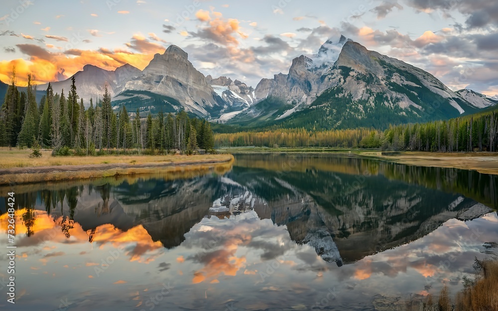 Three sisters mountains of rocky mountains reflection on bow river in the morning at Canmore, Banff national park