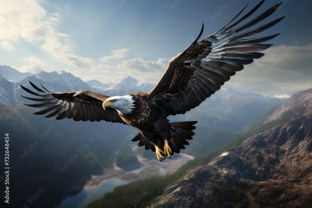 Fototapeta premium White-tailed eagle flying in the blue sky. 3d rendering