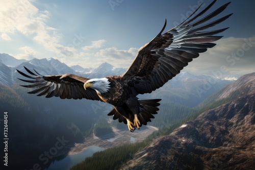 White-tailed eagle flying in the blue sky. 3d rendering © msroster