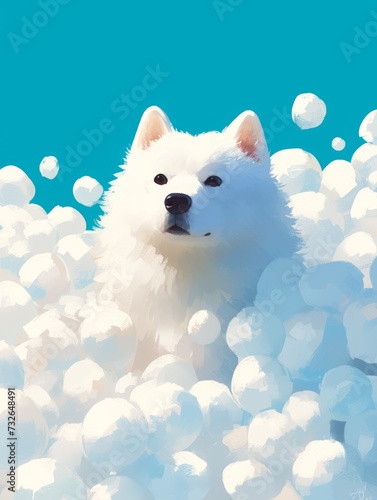 Samoyed Surrounded by Snowballs Generative AI