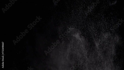 Exploding Stream of Ice Water Drops, Dust in Empty Space on a Black Background. Spraying. Abstract. Texture. Flash of dynamic particles of dust, powder, water. Rotate, swirl. Blurred motion. Cosmos. photo