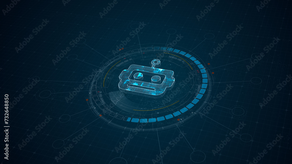 Blue digital robot head logo and 3D circle futuristic HUD elements with ...