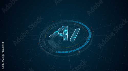 Blue digital AI letter and 3D circle futuristic HUD elements with Ai chatbot and machine learning technology and ai assistance concepts on abstract background