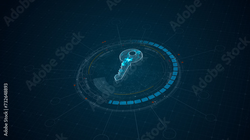 Blue digital security key logo and 3D circle futuristic HUD elements with network firewall technology and data secure concepts on abstract background