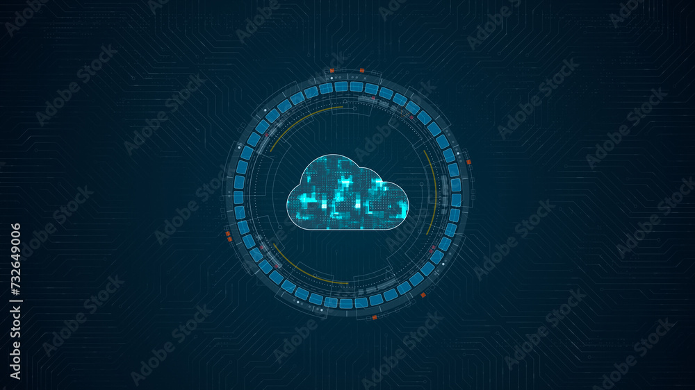 Blue digital cloud computing logo and circle futuristic HUD elements ...