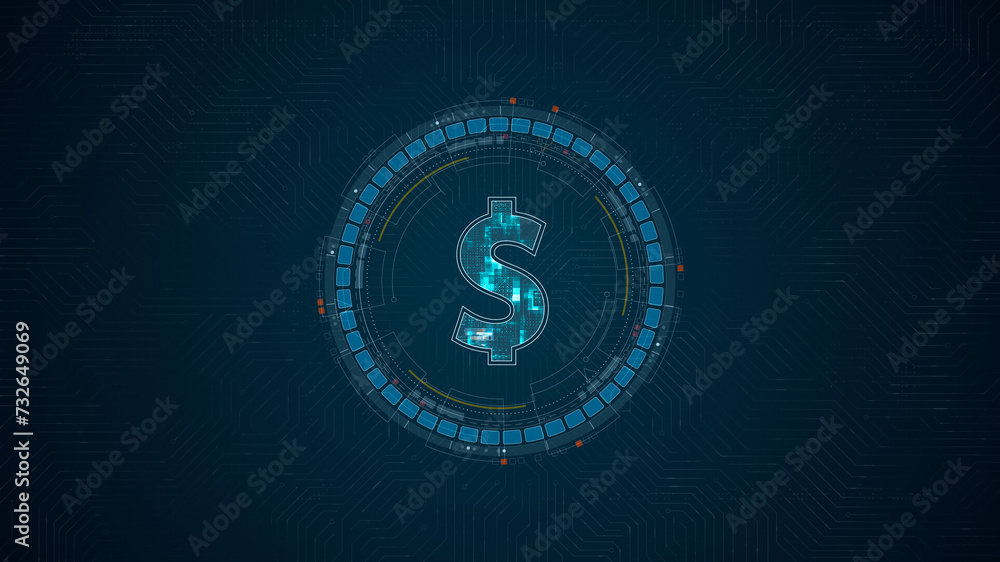Blue digital money logo with HUD UI circle technology interface and futuristic elements on circuit board abstract background crypto currency finance and digital money concepts Blue digital money logo with HUD UI circle technology interface and futuristic elements on circuit board abstract background crypto currency finance and digital money concepts