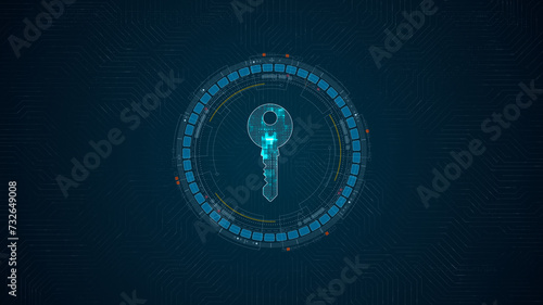 Blue digital security key logo and circle futuristic HUD elements with network firewall technology and data secure concepts on circuit board abstract background photo