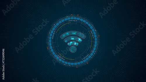 Fototapeta Naklejka Na Ścianę i Meble -  Blue digital WIFI logo and circle futuristic HUD elements with data transfer and Wireless Fidelity connection concepts on circuit board abstract background