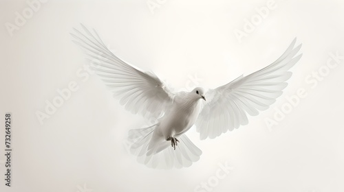 Graceful white dove in flight against a soft light background. symbol of peace and freedom. minimalist elegant bird photograph. AI