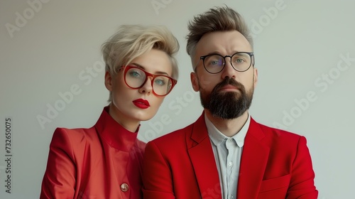 Stylish couple in matching red blazers posing with a modern look. trendy fashion, professional attire with a creative twist. ideal for brand promotion. AI