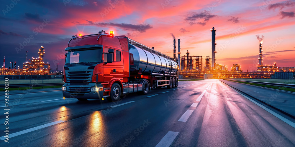 A red tanker truck on the highway at dusk with the illuminated industrial skyline in the background.