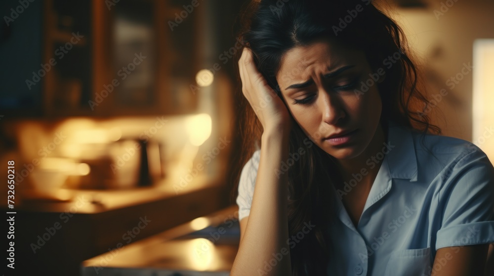 Stressed Woman with Headache in Office Generative AI Stressed Woman with Headache in Office Generative AI