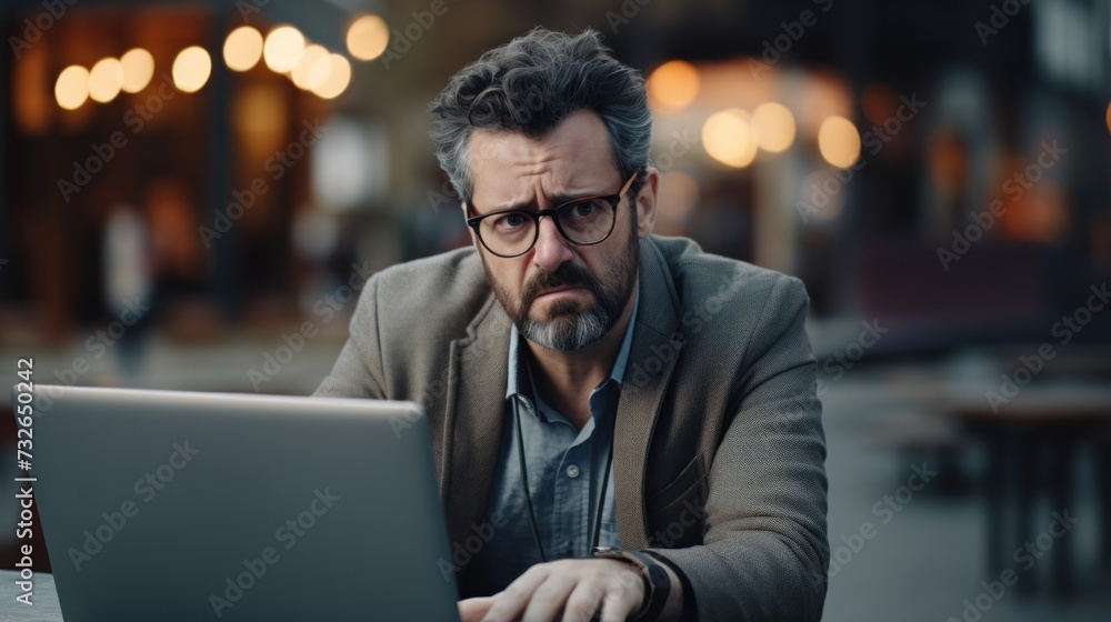 Fototapeta premium Businessman stressed and frustrated with laptop, bankruptcy, finance report, and budget problems Generative AI