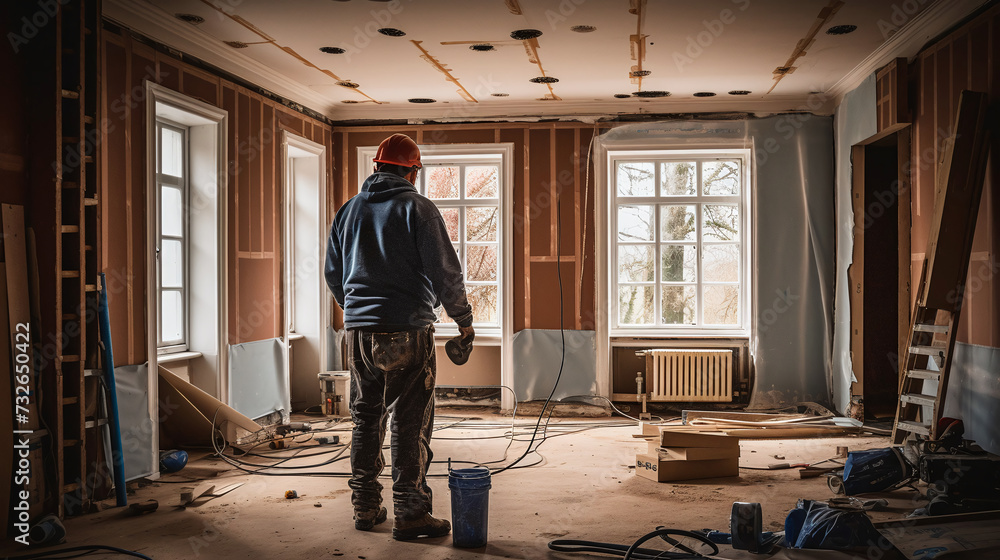 Fototapeta premium Back view of a man contractor at work inside a home for renovation and refurbishment project , efficiency renovation concept image.