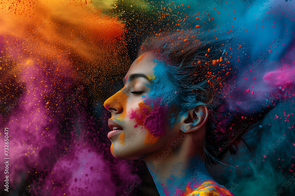 Poster for Indian Holi Festival. Portrait of a woman in the midst of a color powder explosion Poster for Indian Holi Festival. Portrait of a woman in the midst of a color powder explosion