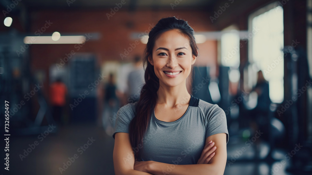Muscular Asian woman in sportswear, fitness trainer smiling and looking at the camera in the background of the gym. Muscular Asian woman in sportswear, fitness trainer smiling and looking at the camera in the background of the gym.