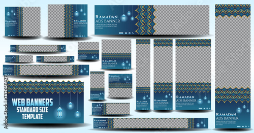 Ramadan Kareem ads web banner template set. Ramadan web banners kit vector design. Editable ads banners for Ramadan Kareem Event, Ramzan ads banners 
