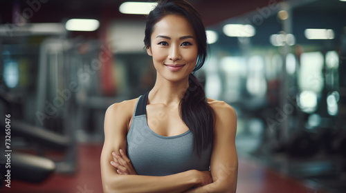 Muscular Asian woman in sportswear, fitness trainer smiling and looking at the camera in the background of the gym. Free Download Muscular Asian woman in sportswear, fitness trainer smiling and looking at the camera in the background of the gym. - GFXLoad
