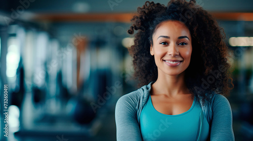 Muscular black woman in sportswear, fitness trainer smiling and looking at the camera in the background of the gym.  photo