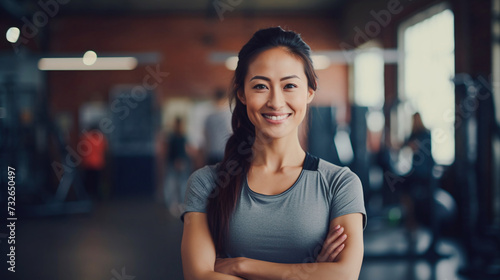 Muscular Asian woman in sportswear, fitness trainer smiling and looking at the camera in the background of the gym. 