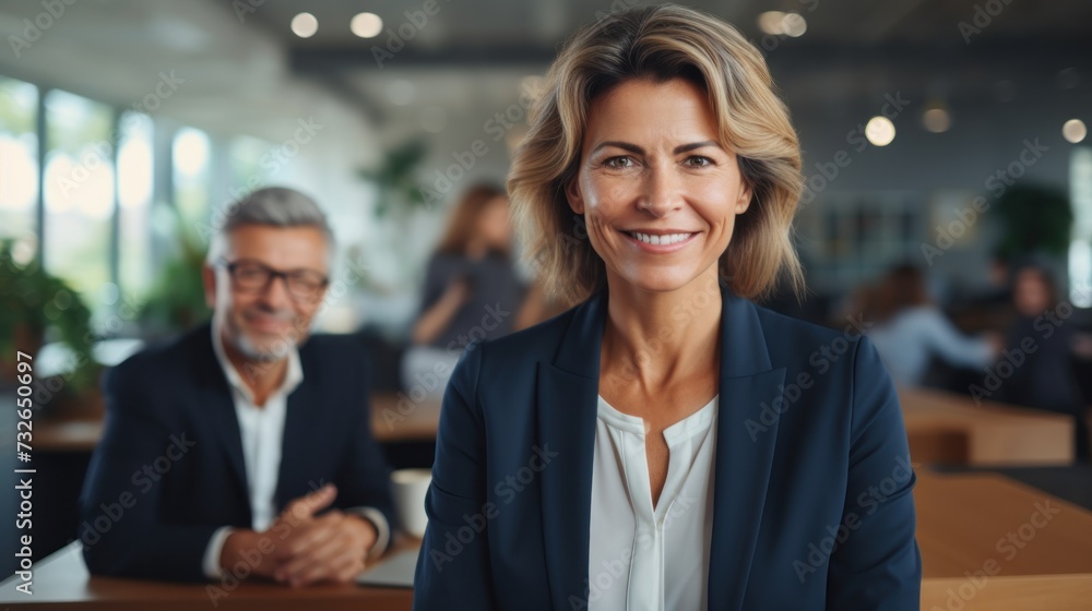 Businesswoman smiling and posing for a portrait during a meeting with her team in a successful office Generative AI Businesswoman smiling and posing for a portrait during a meeting with her team in a successful office Generative AI