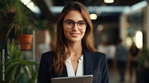Businesswoman using tablet for data research or social media with smile at office Generative AI