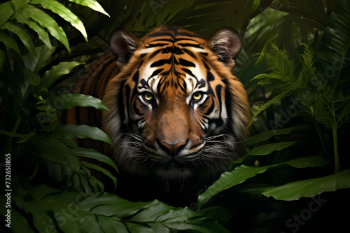 Majestic Sumatran Tiger Roaming the Jungle  Ferocious Sumatran Tiger Prowling Through the Jungle - Ai Generated