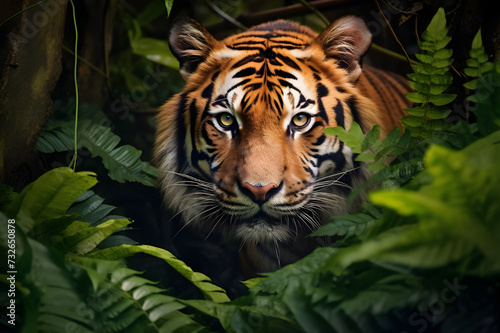 Majestic Sumatran Tiger Roaming the Jungle  Ferocious Sumatran Tiger Prowling Through the Jungle - Ai Generated