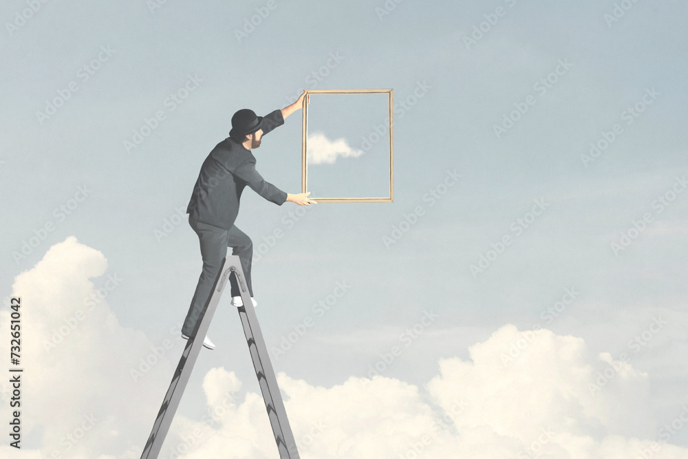 Illustration of man on the top of stairs with surreal painting, abstract concept Illustration of man on the top of stairs with surreal painting, abstract concept