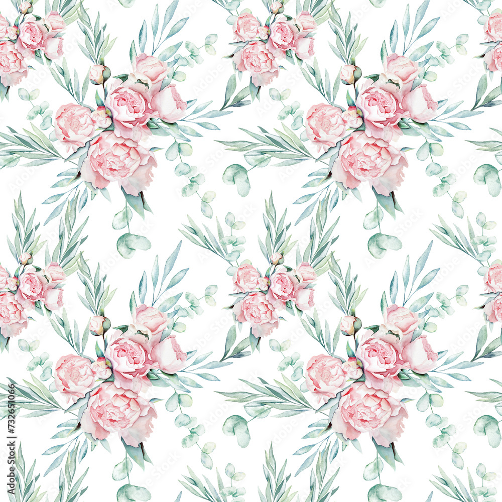 Peony and eucalyptus branches, leaves botanical watercolor seamless pattern textile design wallpaper