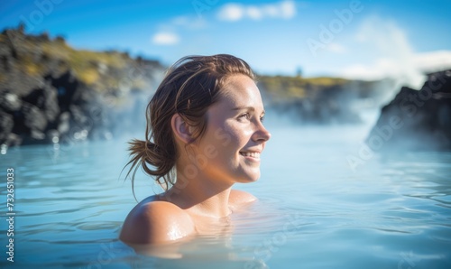 Icelandic Geothermal Bliss  Happy Tourist Woman Immerses in Relaxation  Enjoying the Tranquil Blue Lagoon and the Natural Beauty of Iceland s Geothermal Wonders.  