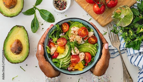 a woman's hands cradle a vibrant salad, showcasing tomatoes, chicken, avocado, and greens in a top view tableau. Freshness and health illuminated in warm tones
