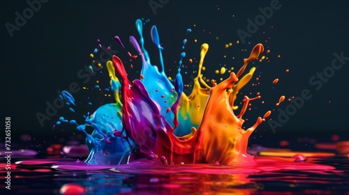 Colorful paint splash on dark background. Vibrant color combination. Abstract artwork expression. Liquid explosion in visual dynamism style