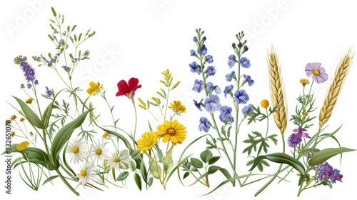 Natural Harmony: Bouquet of Flowers and Ears of Wheat as a Frame on a White Background, Clipart that Conveys a Rustic Atmosphere and Offers Generous Space for Your Unique Text. © oraziopuccio