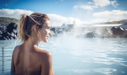 Icelandic Geothermal Bliss: Happy Tourist Woman Immerses in Relaxation, Enjoying the Tranquil Blue Lagoon and the Natural Beauty of Iceland's Geothermal Wonders.