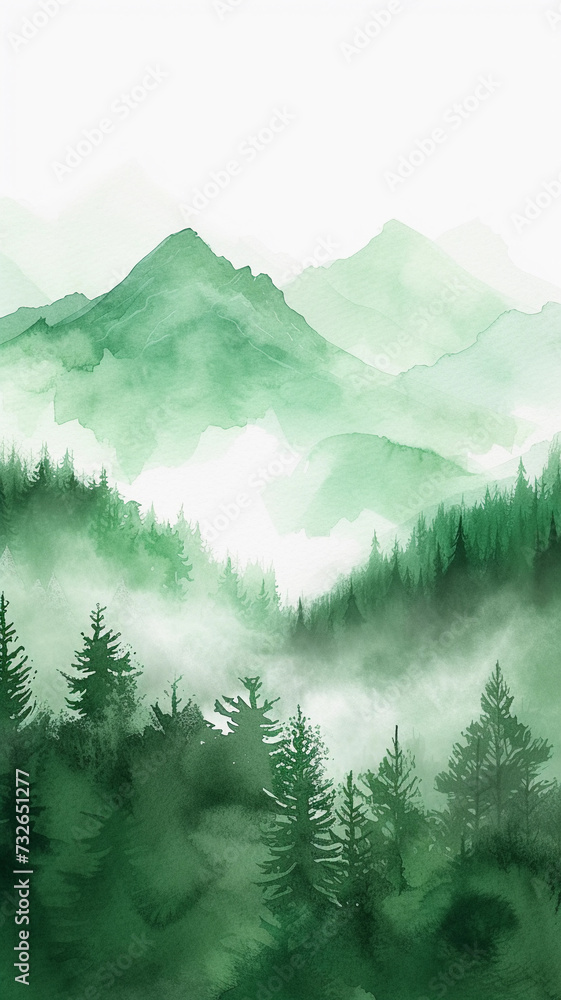 Fototapeta premium Vertical watercolor landscape of a green mountain range with trees.