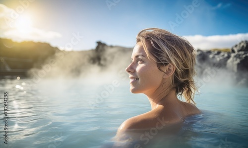 Icelandic Geothermal Bliss  Happy Tourist Woman Immerses in Relaxation  Enjoying the Tranquil Blue Lagoon and the Natural Beauty of Iceland s Geothermal Wonders.  
