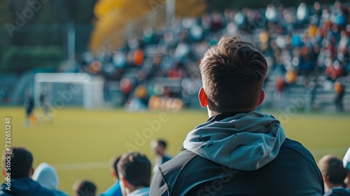 Man watching a local soccer match from the stands. casual outdoor event. sports fans enjoying a game. lively community atmosphere. AI