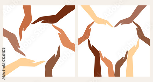 Human hands of different nationalities. Vector illustration. Flat design. Isolated on a white background.